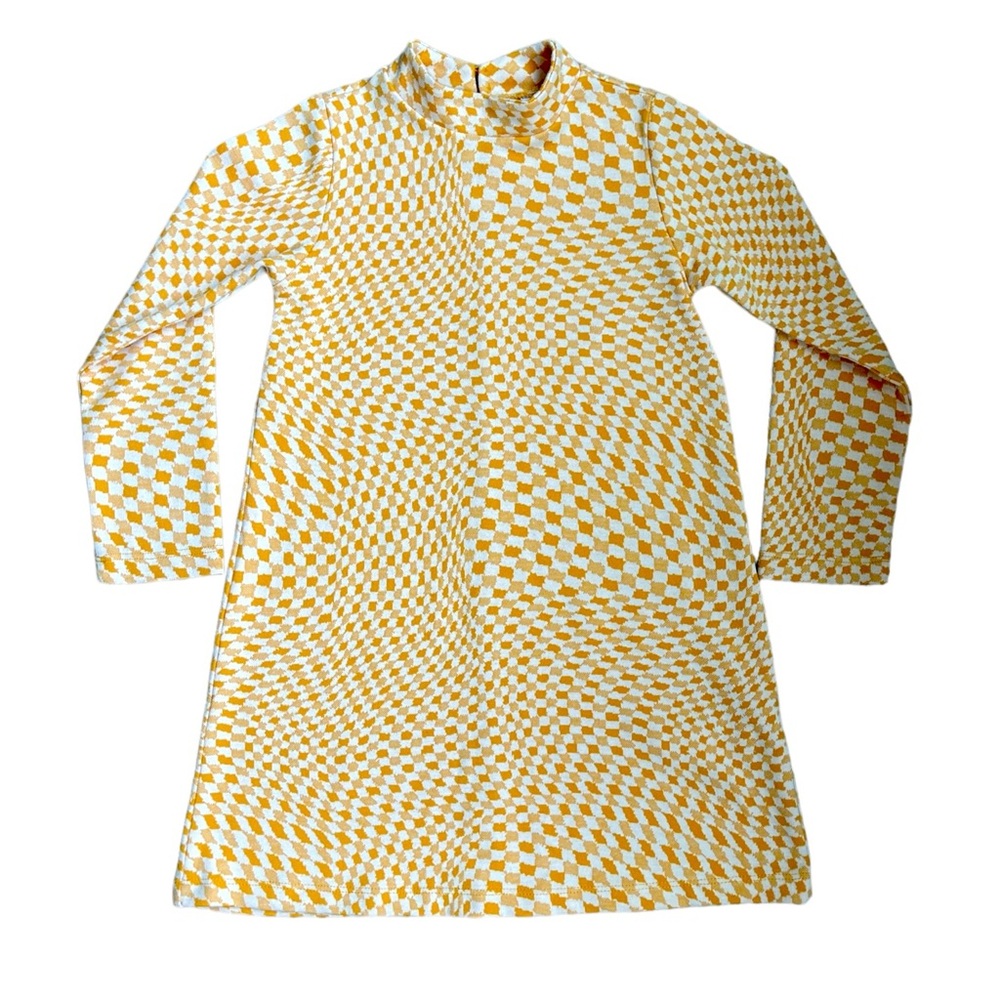 164. Kids Zara Mustard / Ivory Abstract Checkerboard Long Sleeve Dress Like New